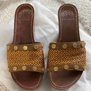 Tory Burch Joanie Straw Leather Wedge Slides 5.5